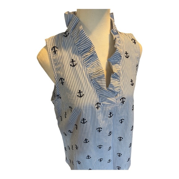 NWT Crown & Ivy Blue Striped Anchor Ruffled Sleeveless Top Sz L Nautical - Picture 4 of 6